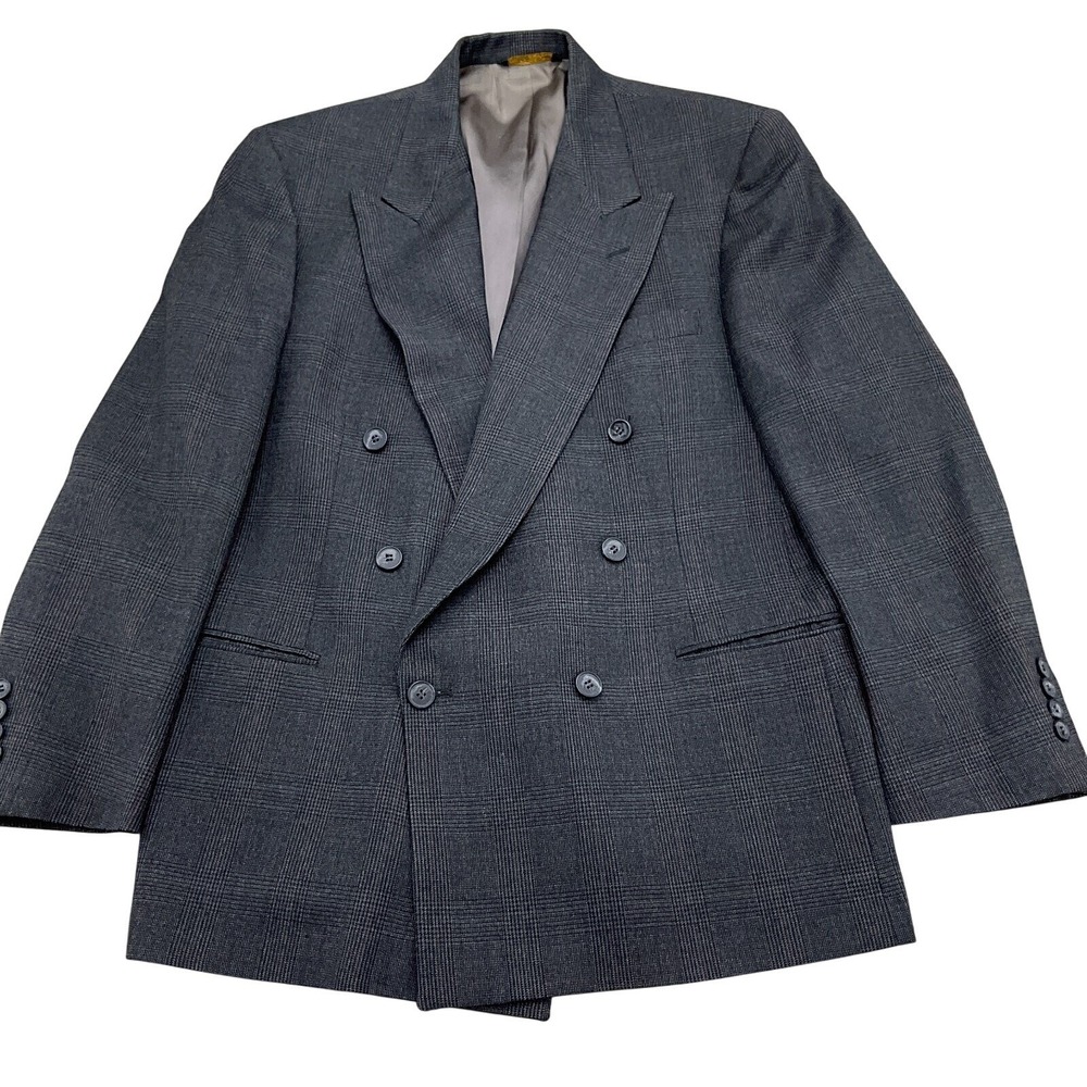Lord & Taylor Metro Blazer Men 42R Gray Black Glen Plaid Double Breasted Classic